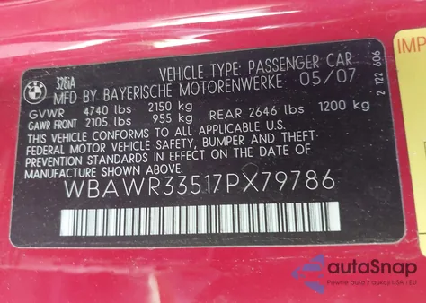 2007 BMW 328I z USA, uszkodzony, nr VIN WBAWR33517PX79786